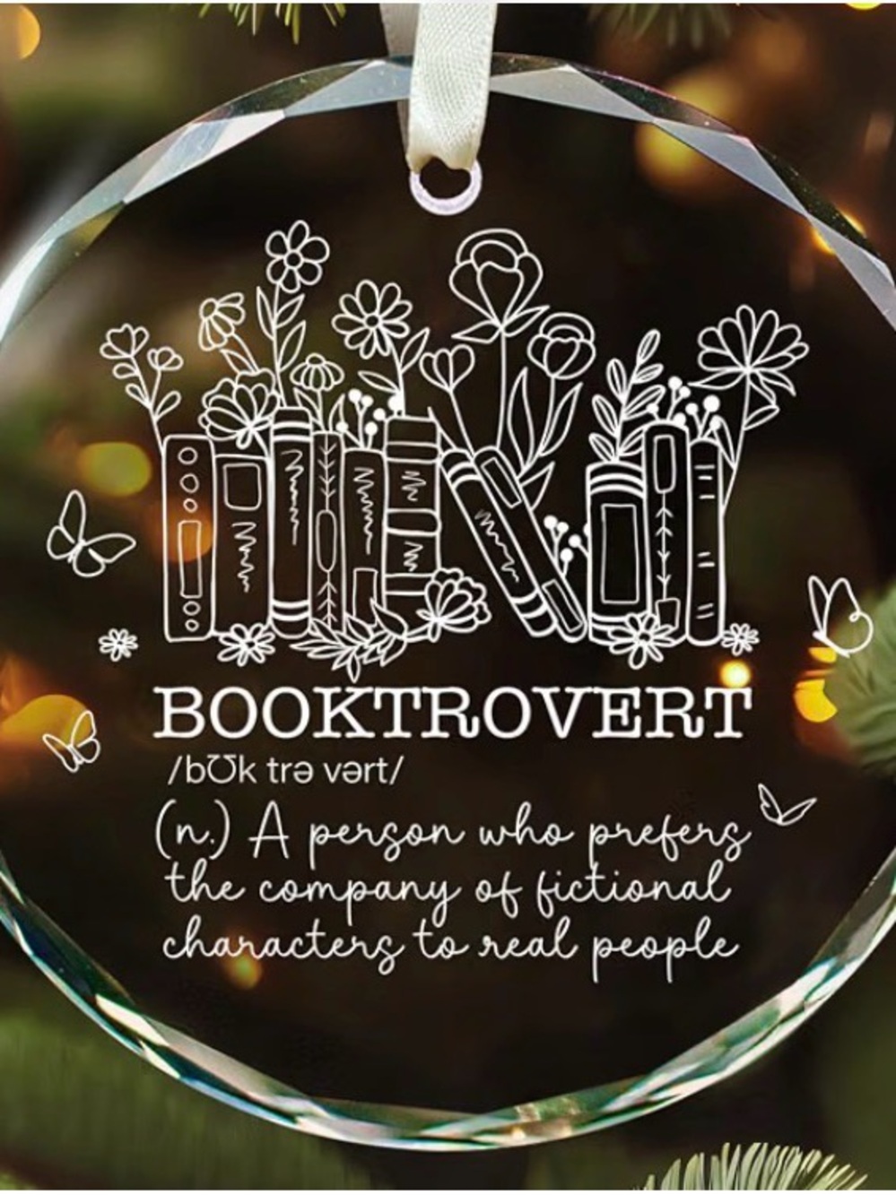 Clear 'Booktrovert' Glass Holiday Ornament - White Design